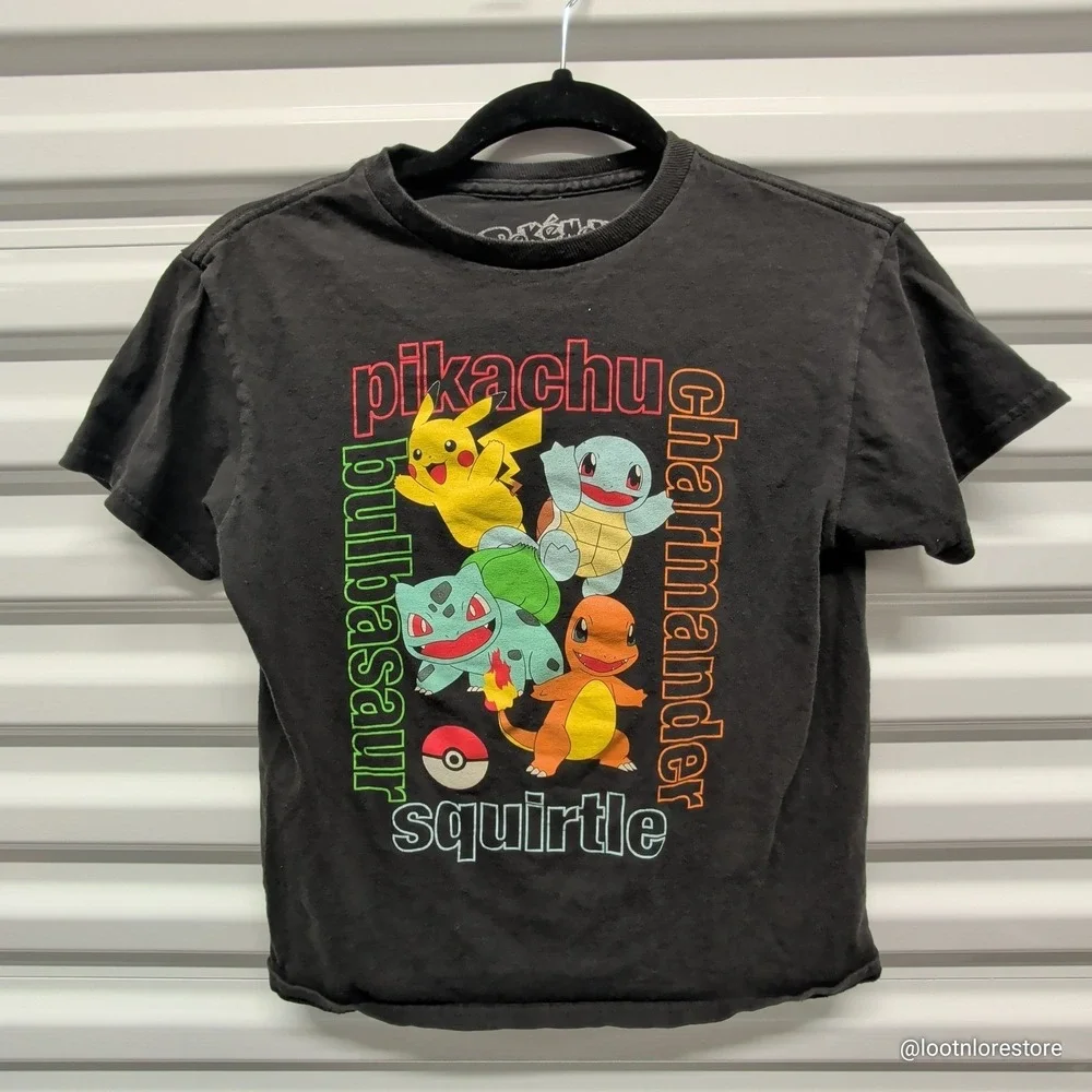 Pokemon Graphic T-Shirt Size S‎ Kids Black Short Sleeve Pikachu Bulbasaur Hybrid